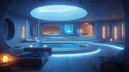 3d rendering of a futuristic interior of a room with a led lightの素材