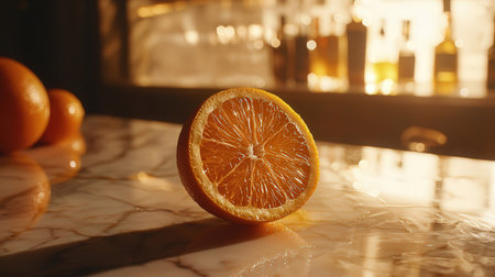 Slice of ripe orangele countertop in bar, closeupの素材
