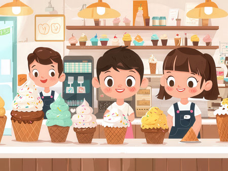 Coffee shop background with cute cartoon kids. Vector illustration.の素材