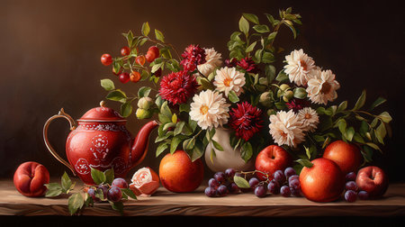 Still life with flowers, fruits and teapot on wooden tableの素材