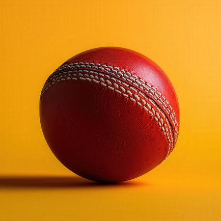 Cricket ball on yellow background, close-up image.の素材