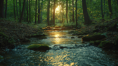 Sunset over the forest river. Beautiful nature scene with sunbeamsの素材