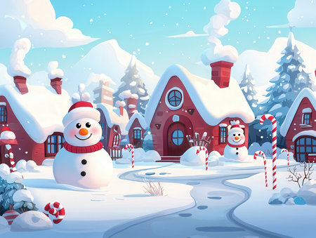 Cartoon christmas background with snowman. Vector illustration for your designの素材