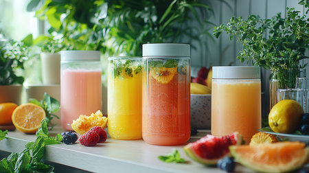 Fresh fruit smoothies in mason jars on wooden table. Healthy food conceptの素材