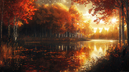 Beautiful autumn landscape with forest and lake. Digital painting illustration.の素材