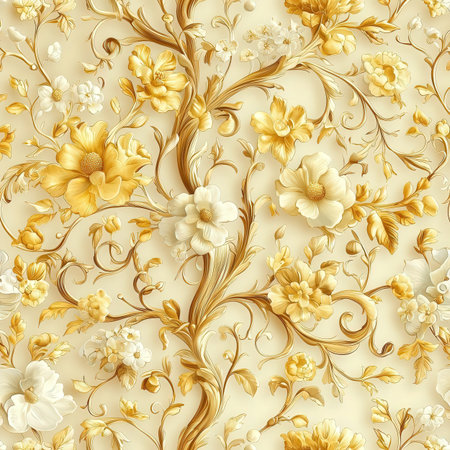 Seamless pattern with gold flowers and leaves. Vector floral background.の素材