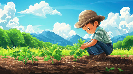 Illustration of a boy planting in the field with mountains in the backgroundの素材