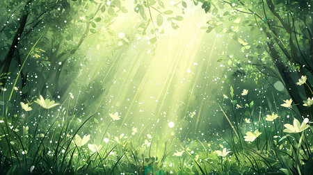 Green forest background with grass, flowers and sunlight. Vector illustration.の素材