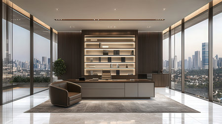 Interior of modern office with panoramic city view 3D renderingの素材