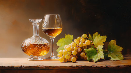 Two glasses of brandy, grapes and leaves on a dark backgroundの素材