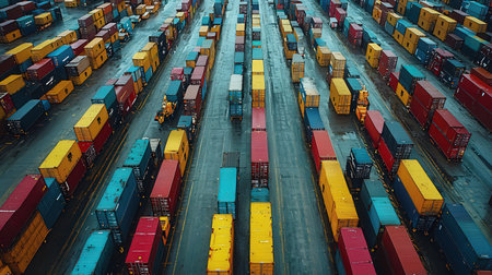 Cargo port with containers and freight trains. Top view. 3d renderingの素材