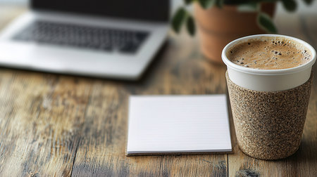 Coffee cup and notepad on wooden table, closeupの素材