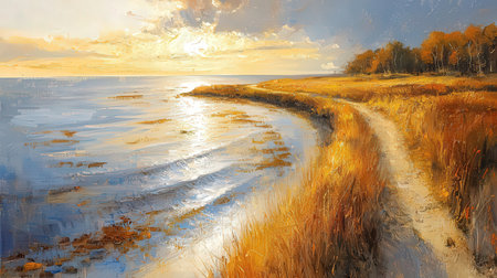 Beautiful sunset on the bank of the river. Oil painting.の素材