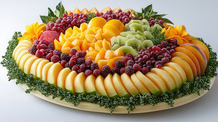 Fruit cake decorated with berries and fruits on a white background.の素材