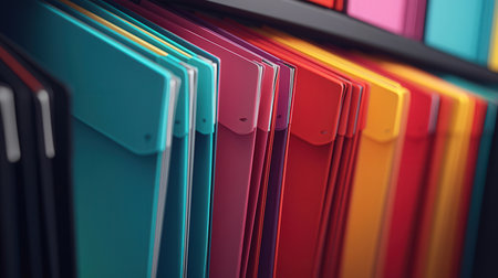 Close up of colorful folders on a shelf. 3D Renderingの素材