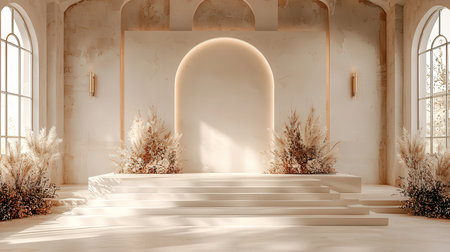 3D rendering of the interior of an old mosque with archesの素材