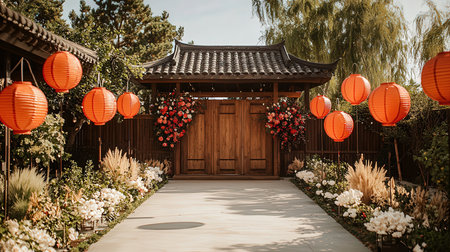 Chinese style pavilion with red lanterns and flowers in the gardenの素材