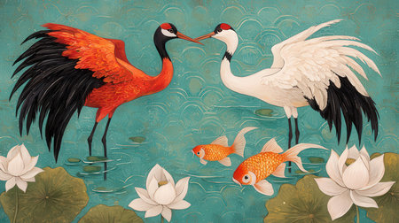 Watercolor painting of red and white cranes, goldfish and lotus flowersの素材