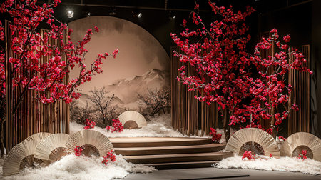 3d rendering of podium for product display with cherry blossom tree in the backgroundの素材