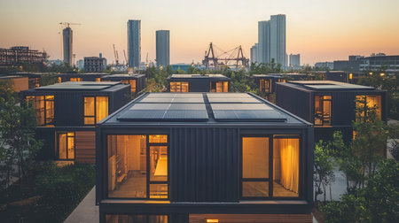 Modern office buildings with solar panels in Rotterdam, Netherlands.の素材
