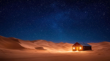 Wooden hut in the Sahara desert at night. 3d renderingの素材