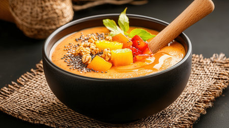 bowl of pumpkin smoothie with chia seeds on a black backgroundの素材