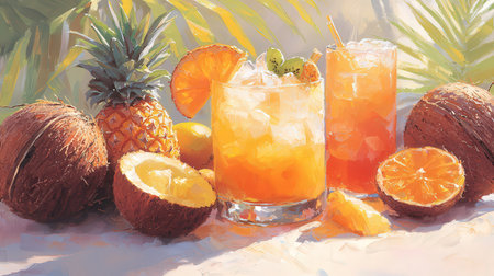 Tropical Cocktails with Pineapple, Orange, and Coconutの素材
