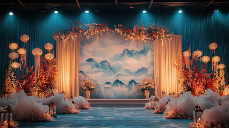 Wedding arch with flowers in blue tones. 3D renderingの素材