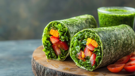 Vegetable wraps with spinach, paprika and tomatoes on wooden boardの素材