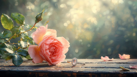 Wedding rings and pink roses on wooden table. Vintage style.の素材
