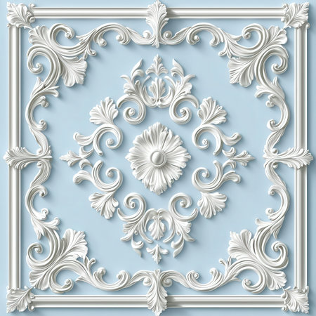 3D render of classic white frame with ornament on blue background.の素材
