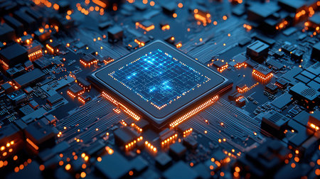Circuit board. Electronic computer hardware technology. Motherboard digital chip. 3D renderingの素材