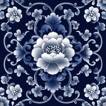 Seamless pattern with decorative blue flowers on dark blue background.の素材