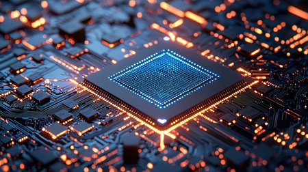 Close-up view of a modern GPU card circuit. 3D renderingの素材