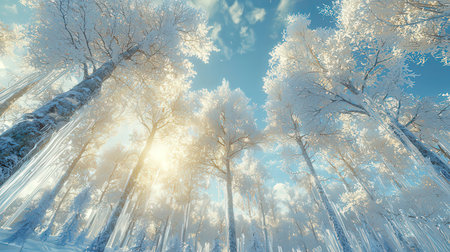 Frozen winter forest with snow covered trees and blue sky background.の素材