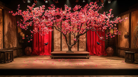 3D rendering of a Chinese classical style room with a beautiful blooming treeの素材