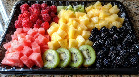 Sliced fruit in plastic box with watermelon, kiwi, pineapple and blackberryの素材