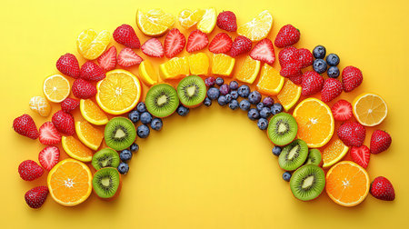 Creative layout made of fresh fruits on yellow background, top viewの素材