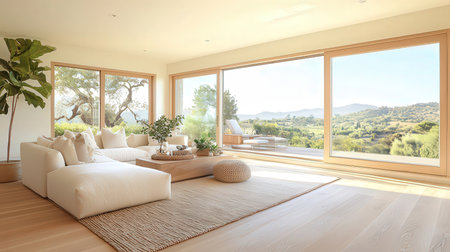 Interior of modern living room with terrace view 3D renderingの素材