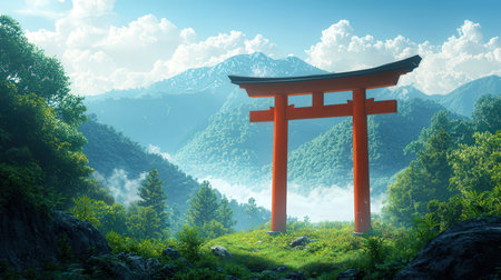 Red torii gate in japanese temple against the backdrop of mountainsの素材