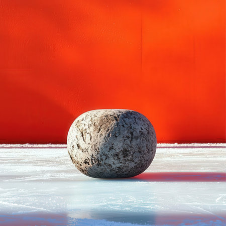 3d rendering of a concrete ball on the background of a red wallの素材