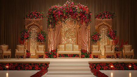Interior of the church decorated with red flowers. 3D renderingの素材