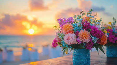 Bouquet of beautiful flowers in vase on the beach at sunsetの素材