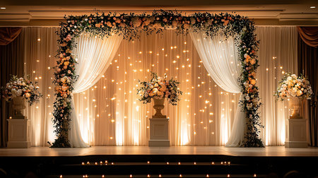 Wedding arch decorated with fresh flowers and candles. Wedding decorationの素材