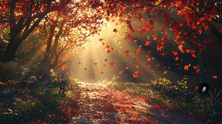 Autumn landscape with bright sunbeams in the forest. 3d renderの素材
