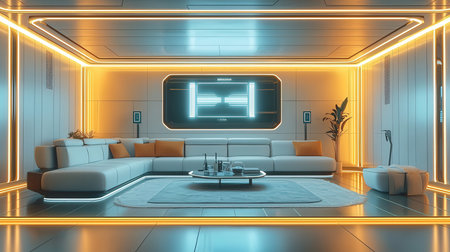 3d rendering of a modern living room with a sofa and a TVの素材