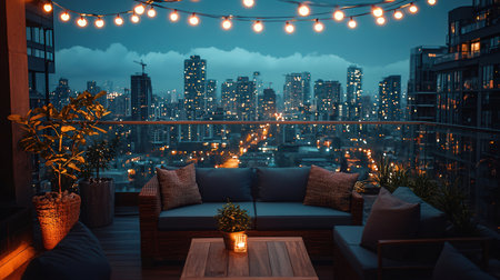 Interior of a balcony with a view of the city at nightの素材
