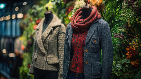Women's clothing and accessories on a mannequin in a flower shopの素材