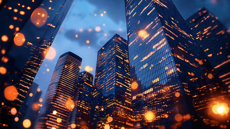 Night view of skyscrapers in modern city. Double exposure.の素材