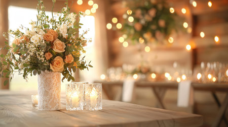 Beautiful wedding bouquet with candles on table in room, closeupの素材